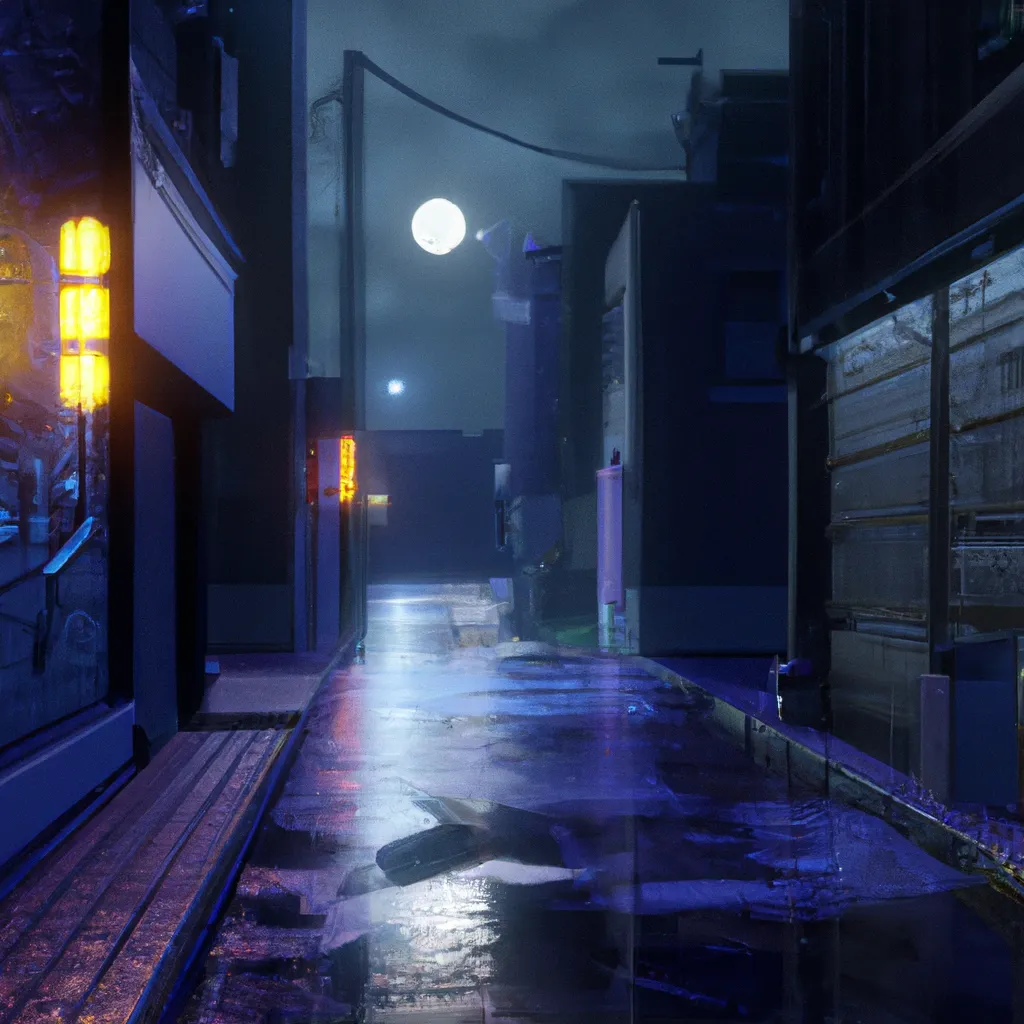 Prompt: A japanese cyberpunk alley with light signs and wet ground, it's raining, and it's night, you can see the moon. 4k,  unreal engine, low mood, lofi, 8k, hyperrealistic, colourful lighting.