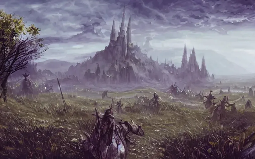 Prompt: landscape, video games, elder scrolls, morrowind, blades, swords, fantasy, fields, trees, skyline, blue sky, warriors, mages, orcs, fantasy city in the distance, day time, bright, 80s dark fantasy film, 80s dark medieval film, 80s fantasy film, 80s medieval film, fantasy village, fantasy castle, fantasy stronghold, fantasy city, fantasy video game, townsfolk, tamriel, fantasy buildings, defined fantasy city, elder scrolls city, vvardenfell, volcano, red mountain, balmora, sedya neen, caldera, netch, bull netch, vivec, ebonheart, Hlaalu, Telvanni, Redoran, mournhold, cliff racer, dagoth ur, vivec city, giant mushroom trees, West Gash, Sheogorad, morrowind red mountain volcano in background