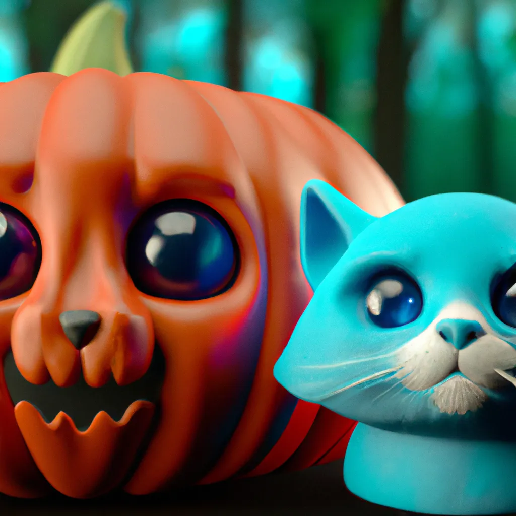 Prompt: cute 3D render of a colourful pumpkin head in a clay style, glowing eyes, with a small black witch cat beside, a frontal view, blue spooky forest background, substance 3d painted, blender, smooth texture, high resolution, trending on behance.net, by Carlos Behrens