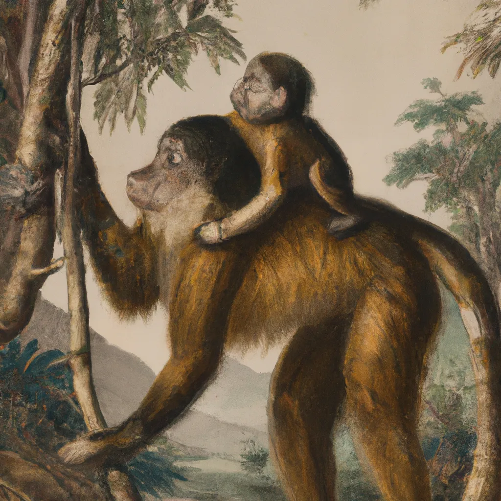 Prompt: 1800s painting of big monkey holding up small monkey in jungle 