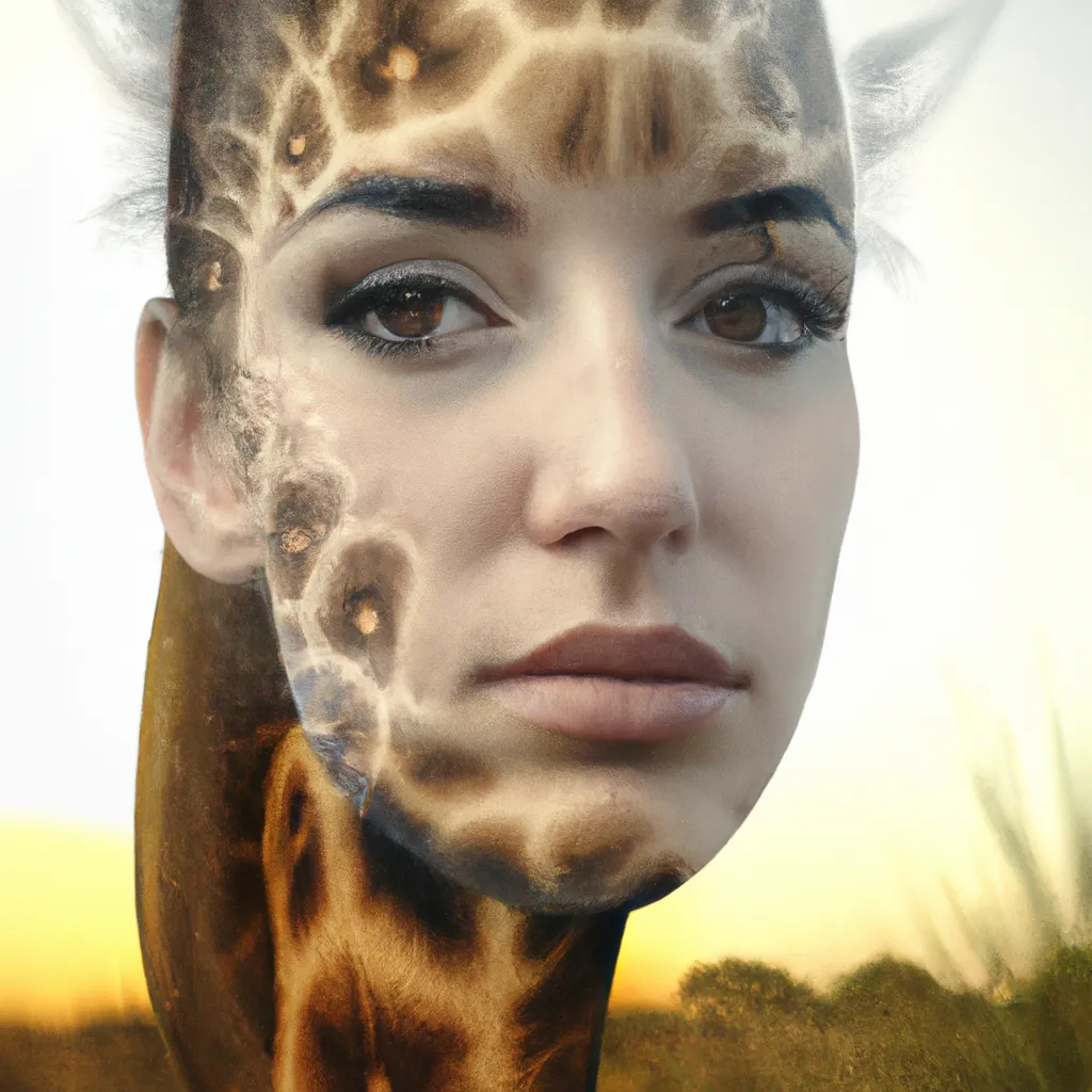 Prompt: A photo of a cute young woman's head combined with a 3D render of a hybrid giraffe head. Epic film poster style.