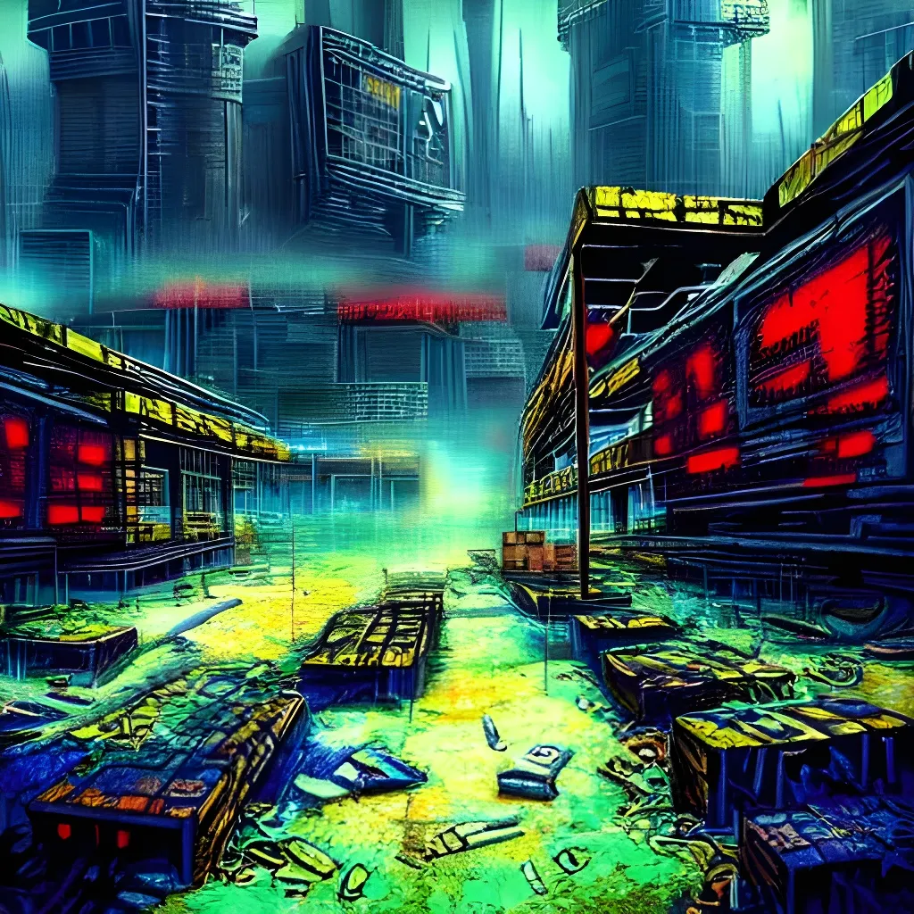 Prompt: dystopian wasteland of a lost city, Colorful dark cyberpunk asbestos art