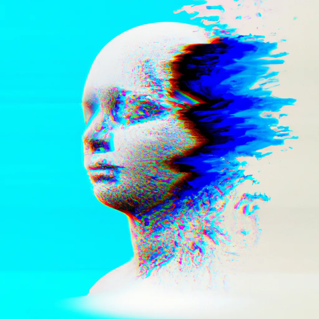 Prompt: an ai head diffusion, glitch art, blue 