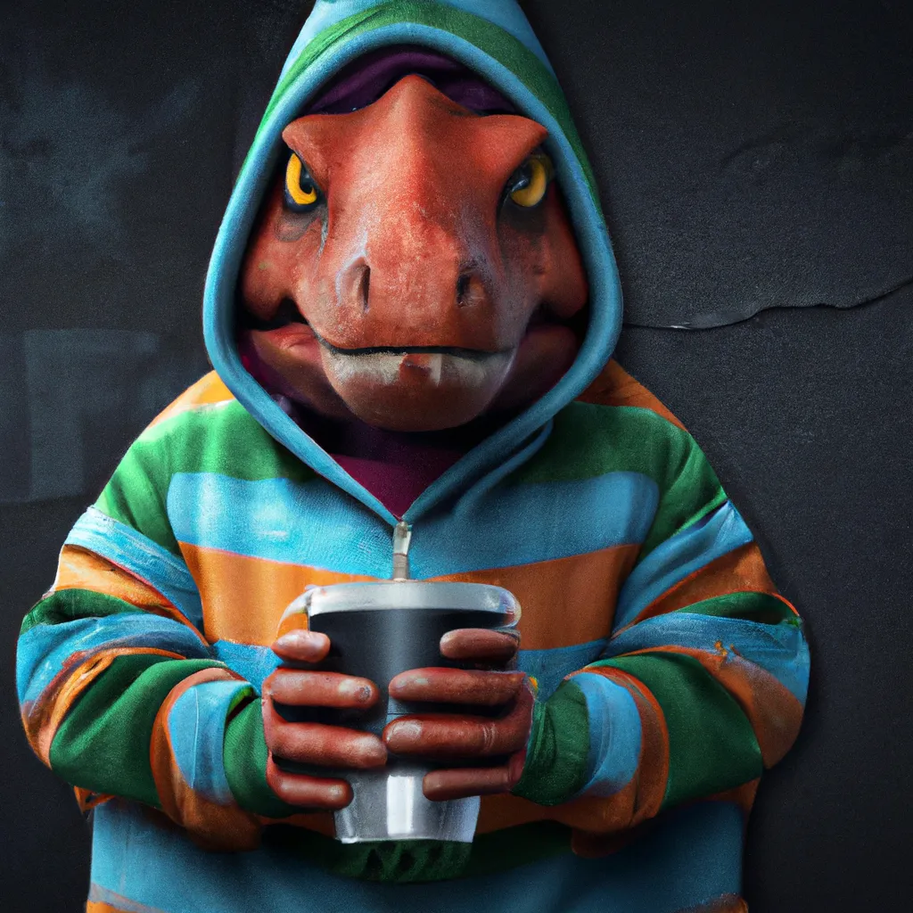 Prompt: grumpy dinosaur with big eyes in hoodie chubby pixar holding a coffee cup complete dark background, digital Art, perfect composition, beautiful detailed intricate insanely detailed octane render trending on artstation, 8 k artistic photography, photorealistic concept art, soft natural volumetric cinematic perfect light, chiaroscuro, award - winning photograph, masterpiece, oil on canvas, raphael, caravaggio, greg rutkowski, beeple, beksinski, giger, white background. icon on white background. isolated graphic, digital Art, perfect composition, beautiful detailed intricate insanely detailed octane render trending on artstation, 8 k artistic photography, photorealistic concept art, soft natural volumetric cinematic perfect light, chiaroscuro, award - winning photograph, masterpiece, oil on canvas, raphael, caravaggio, greg rutkowski, beeple, beksinski, giger