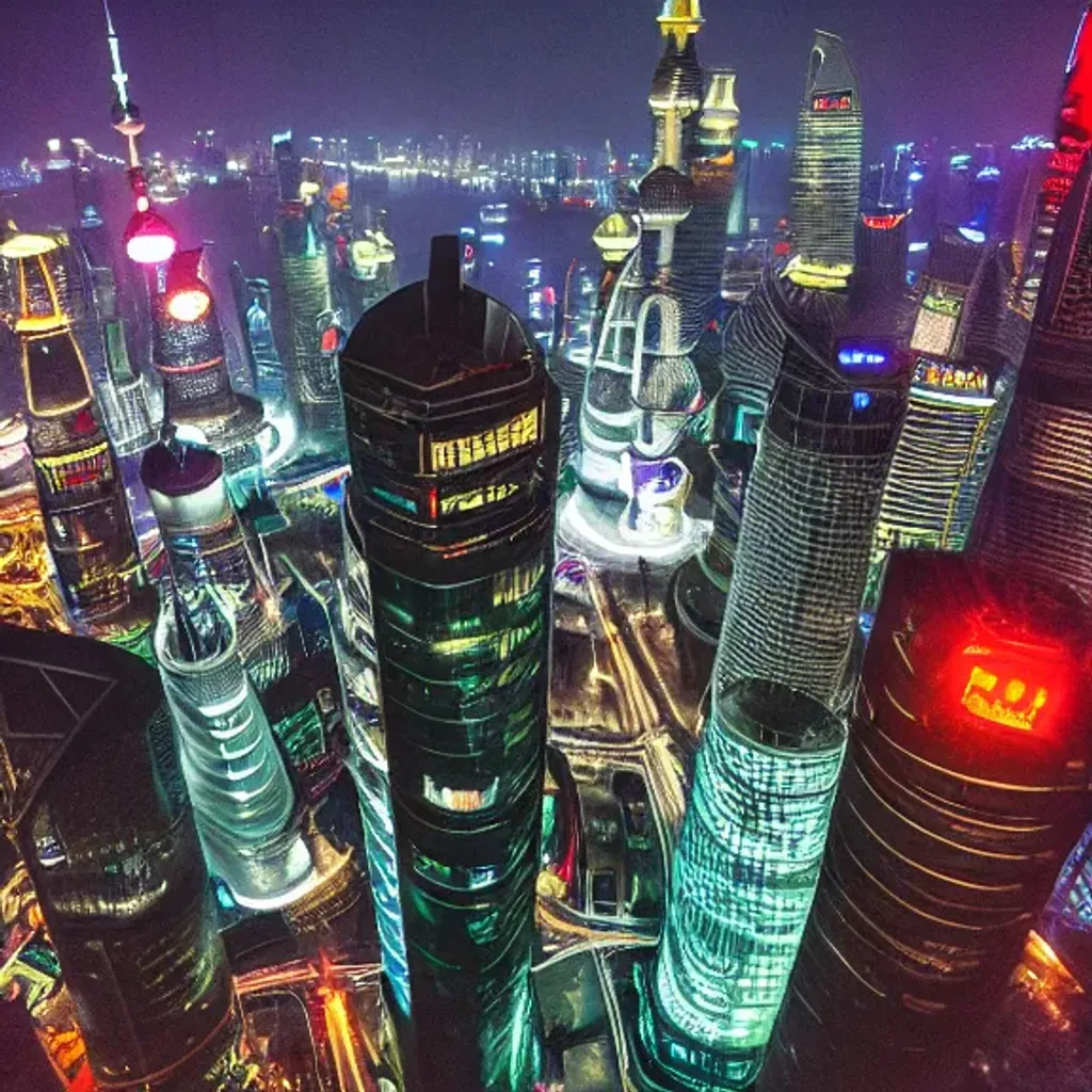 Prompt: Shanghai city, cyberpunk, wide angle lens,moon,landmark

