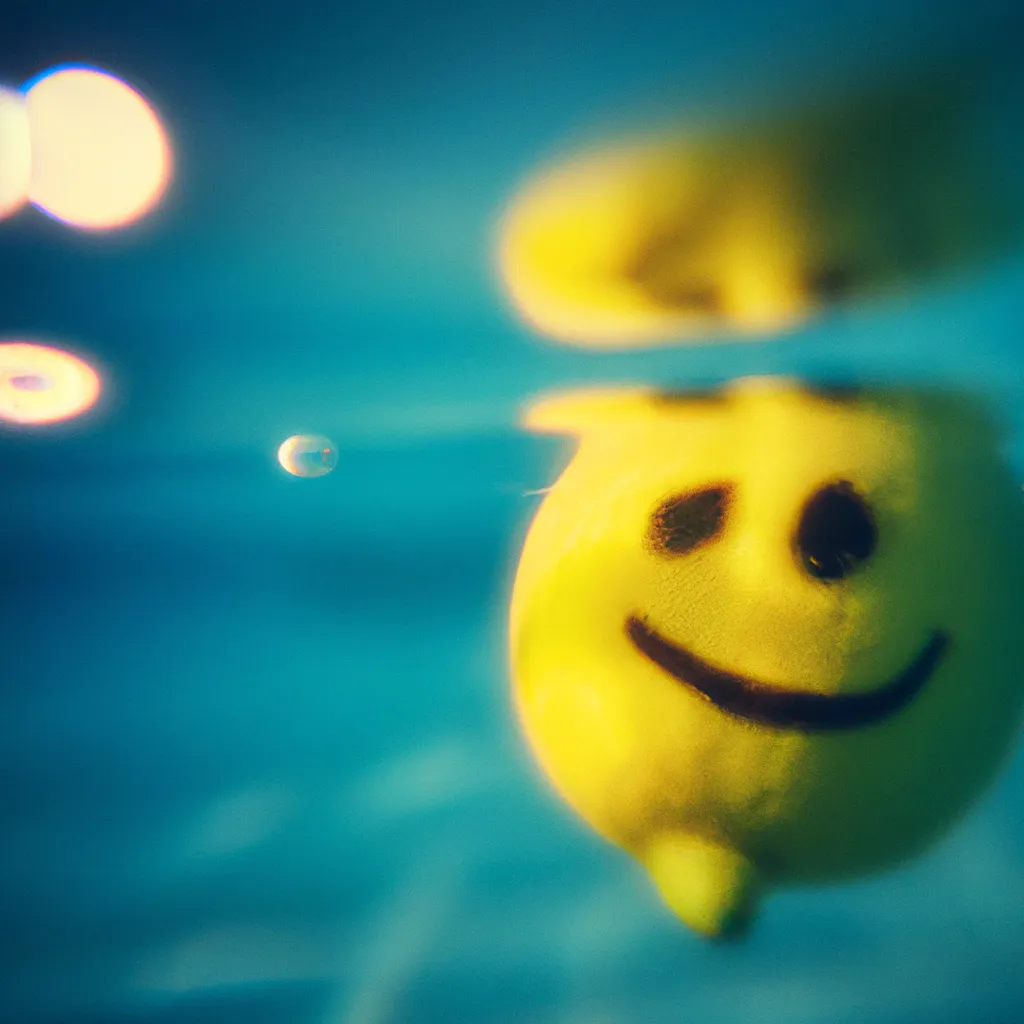Prompt: lemon smiling while drifting under water in a pool, sanrio, Bokeh, Golden hour, underwater shot,