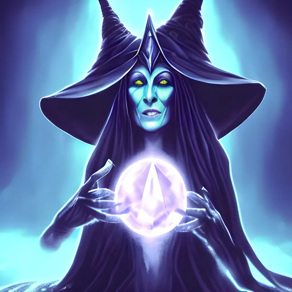 Prompt: fantasy artwork of a phyrexian witch casting a spell, crone with black reflective lenses for eyes, ancient powerful hag, in a crystal cavern facing a monolith, hd 4k