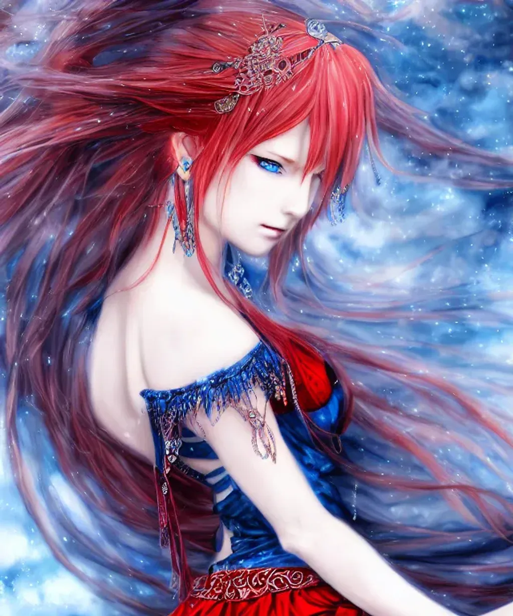 Prompt: cute red haired blue eyes anime female with black horns, belly dancer, beautiful, ethereal, flowy dress, anime, elegant, insanely detailed and intricate digital illustration by Kazuma Koda and Yoshitaka Amano, a masterpiece, close-up, 8k resolution, trending on artstation, delicate, watercolor, soft, final fantasy