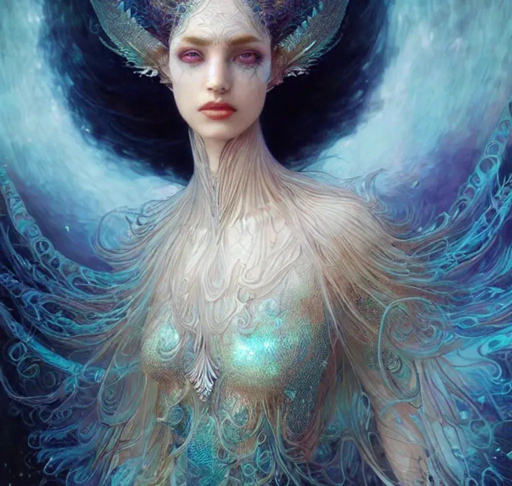 Prompt:  beautiful goddess, wearing gown of fish scales | fantasy, hyper-detailed, accurate anatomy, symmetrical facial features, sharp focus, volumetric lighting, 16k | karol bak, yoshitaka amano, tom bagshaw, aurora, zbrush cel-shaded, cgsociety | ethereal beautiful astral vaporwave storybook illustration, dark fantasy