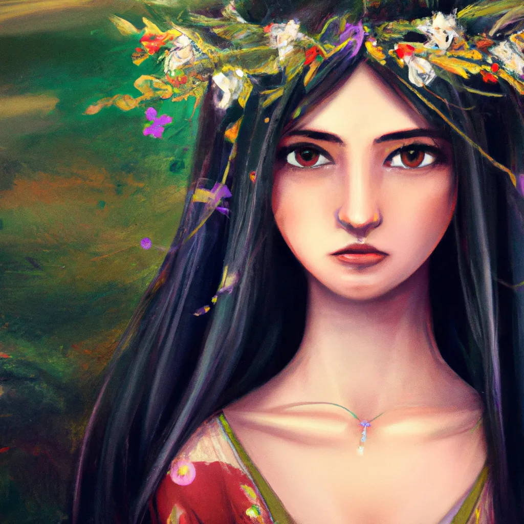 Prompt: portrait of a girl with green eyes and long black hair, long elegant dress made of colored flowers and a little crown on his head,  intricate, elegant, highly detailed, digital painting, artstation, concept art, smooth, sharp focus, illustration