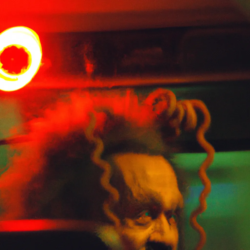 Prompt: Krusty the Clown has a lot of cable in his head and drives drunk a bus in heat movie 2010. this is the dream of Freddy Krueger who has a dream. A Nightmare on Elm Street. full psycho to snake god. real photography, dark, vision of PSY.