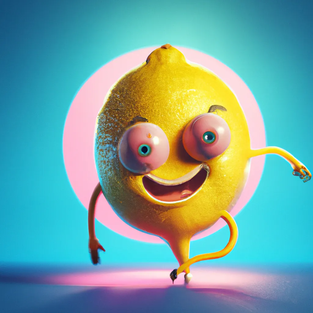 Prompt: Vintage Cover art, dynamic action pose laughing Victorian yellow lemon character at a disco stage, in the shape of a lemon, beautiful eyes, concept art + 25mm + extremely + pink and blue lighting beside the lemon + detailed + ultra-realistic, soft shadows + photo realistic glisten + 4k + uhd + 3d + octane render + cinematic