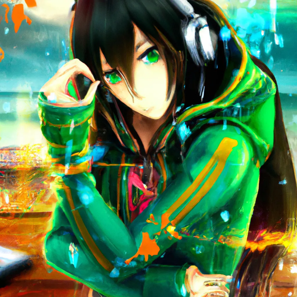 Prompt: anime key visual of an anime girl with long black hair, green hoodie, bored, listening to music on earphones, brown, orange, green and dark blue colour palette; Digital art, trending on artstation, Photorealistic Illustration, anime key visual, cinematic, Ultra Detailed , sword art online  abec 2008 , a screenshot of x ( anime series sword art online SAO)