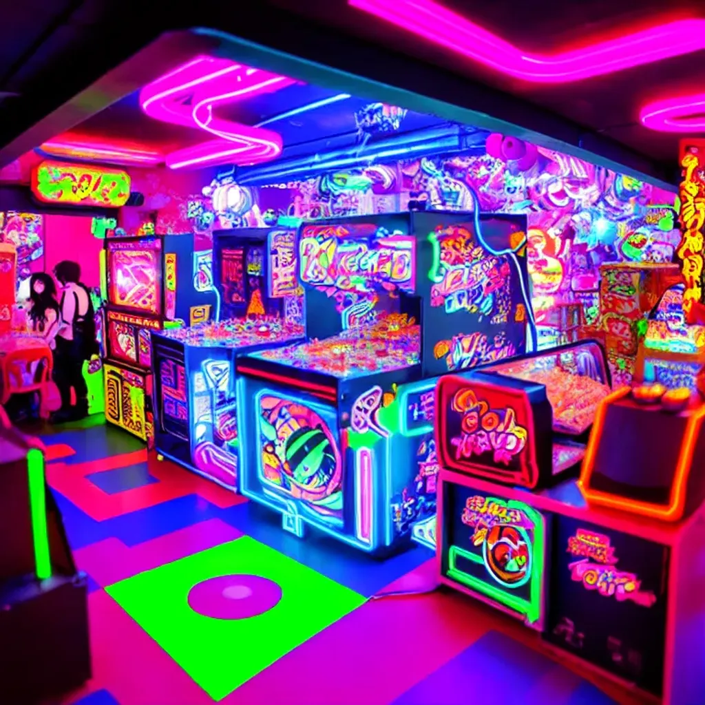 Prompt: anime, Tokyo cyberpunk candy cafe arcade made of bright colorful candy from the a dystopian universe, video games, steampunk black lights, sock hop, jazz, bee-bop with neon lights and galaxy night skyline cyberpunk candy bar from the future
