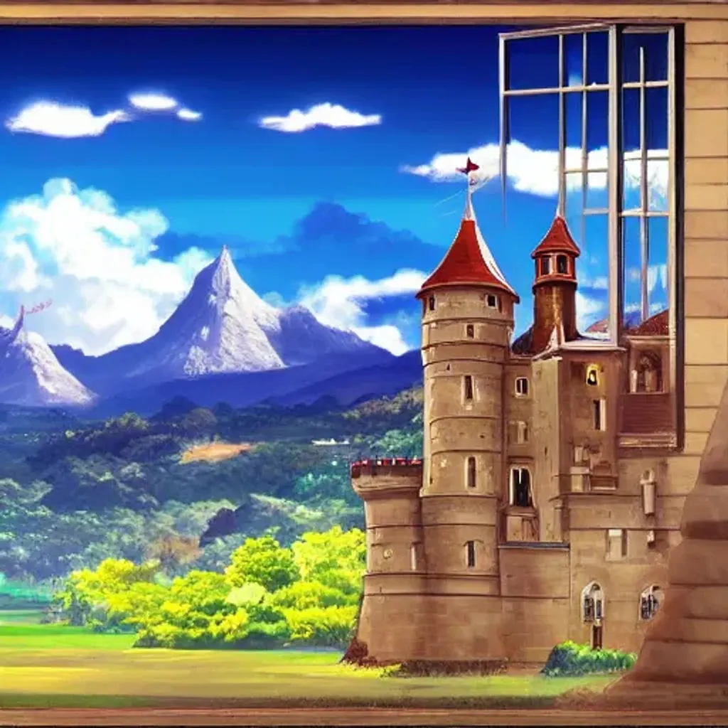 Prompt: anime european castle landscape with mountains
