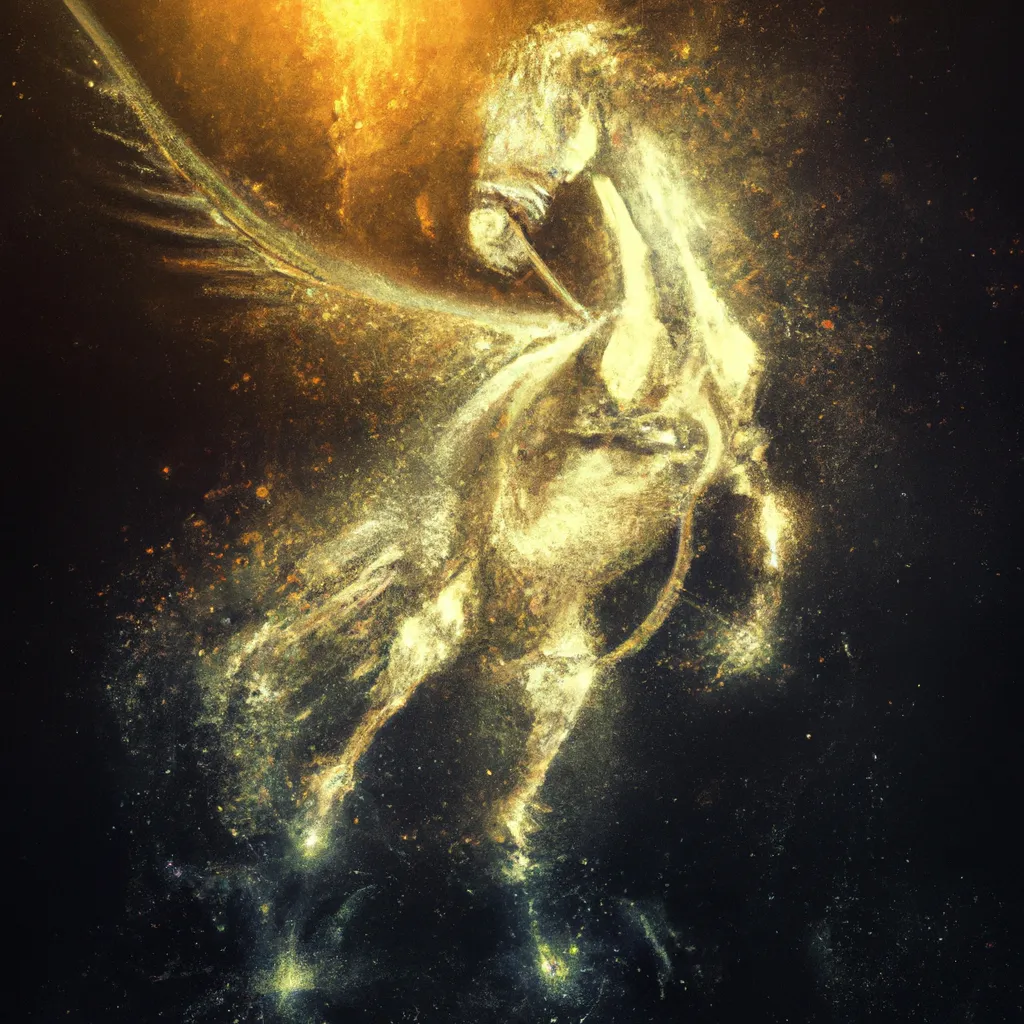 Prompt: Curvaceous Light beings | mystical horse with a rider as a light bending cute angel covered in streaks of golden halogen light in the style of Hieronymous Bosch, Bruce Pennington, Dali, Munch, Escher, Klarwein, Yamamoto, Hattori, Leyendecker, Mullins, Magritte, Giger | muted desaturated tones | dark background | ultra sharp focus | 3d octane render artstation trending 8k unreal engine | winding deserted road | Disney Pixar Dreamworks 