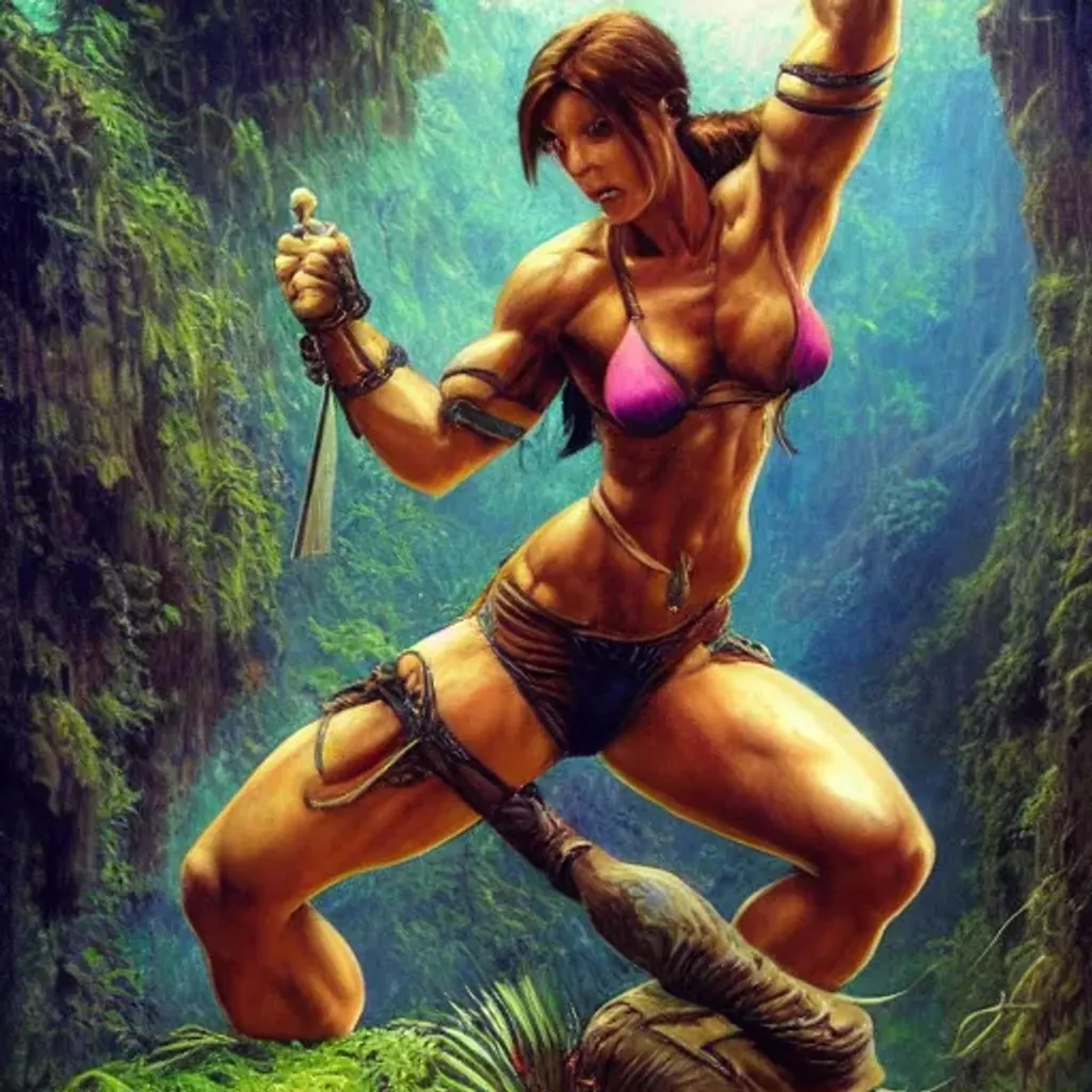 Prompt: muscular beautiful, european lara croft, bright jewel colors, wearing armor tombow artwork greg staples, frank frazetta, dug stanat, norman rockwell , christophe young, eytan zana , rumiko takahashi , centred , symmetrical , denoised, grandious jungle adventure