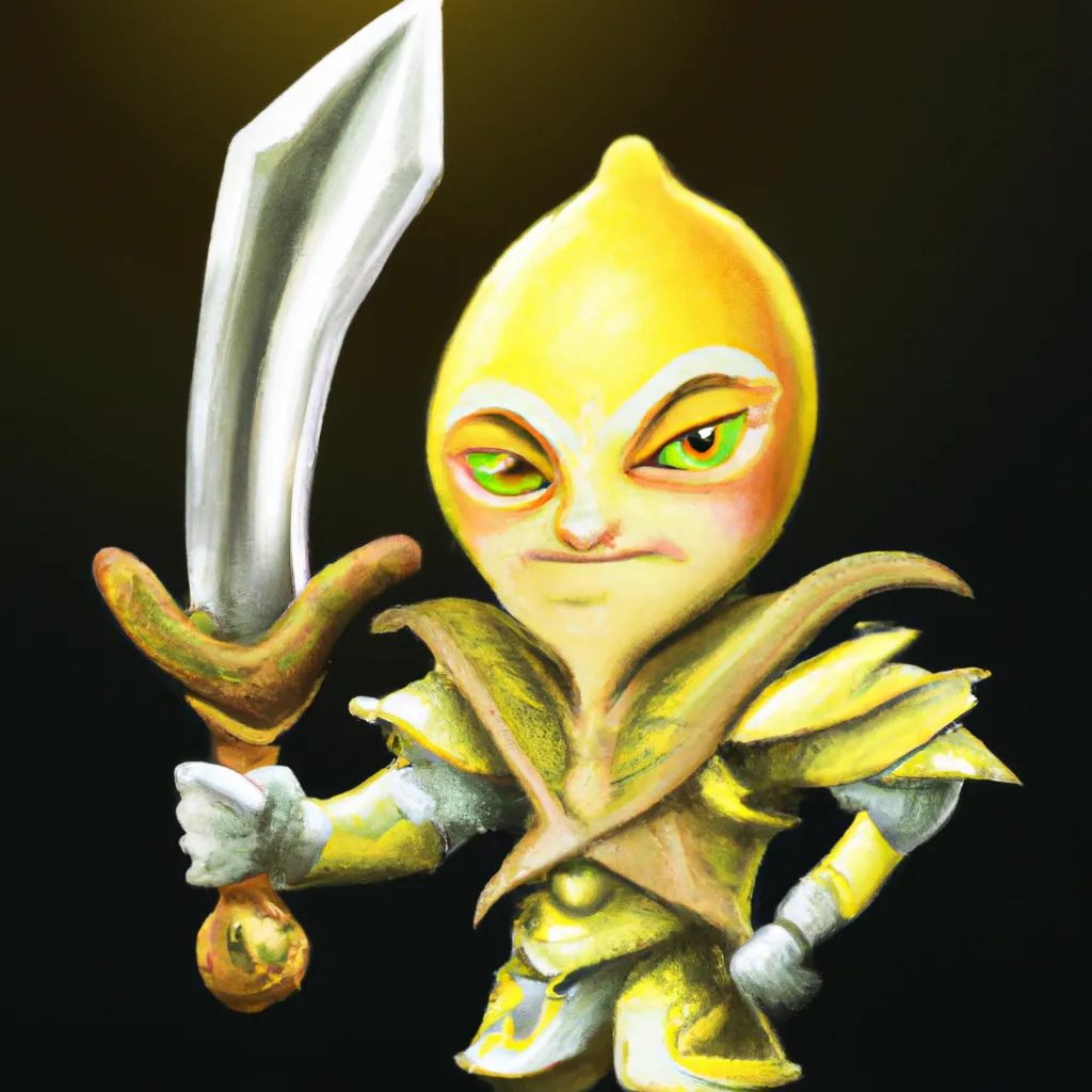 Prompt: an ultra detailed digital art of a yellow lemon character wearing fantasy clothing and holding a sword + accurate facial features