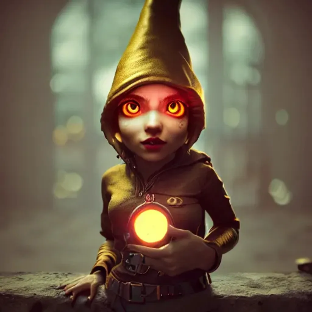 Prompt: Photo of Half gnome half human, smooth 3D render, cute, photorealistic, octane render artstation trending 8k steampunk wlop uhd unreal engine, fiery eyes, golden light, liquid mirror, bokeh, centered 