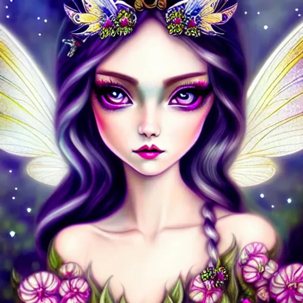 Prompt: Gorgeous intricate Fairy portrait with big eyes like Jasmine Becket Griffith, fantasy, horse, digital art, white horse, fairy, wings, rendered, artstation trending, Majestic white horse Stunning, intricate details