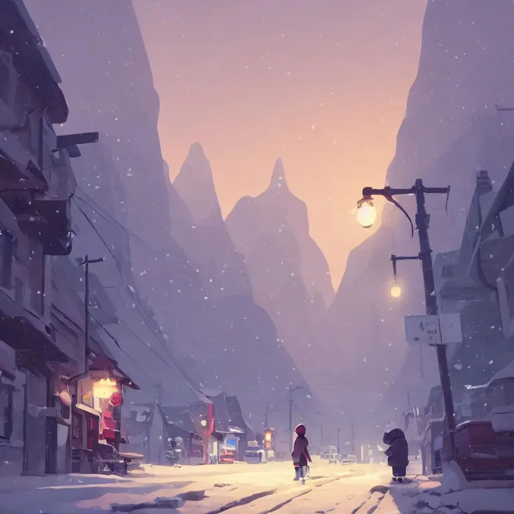 Prompt: a cozy town, snowy mountains, snowfall, cory loftis, james gilleard, atey ghailan, makoto shinkai, goro fujita, character art, rim light, exquisite lighting, clear focus, very coherent, plain background, soft painting, brush strokes