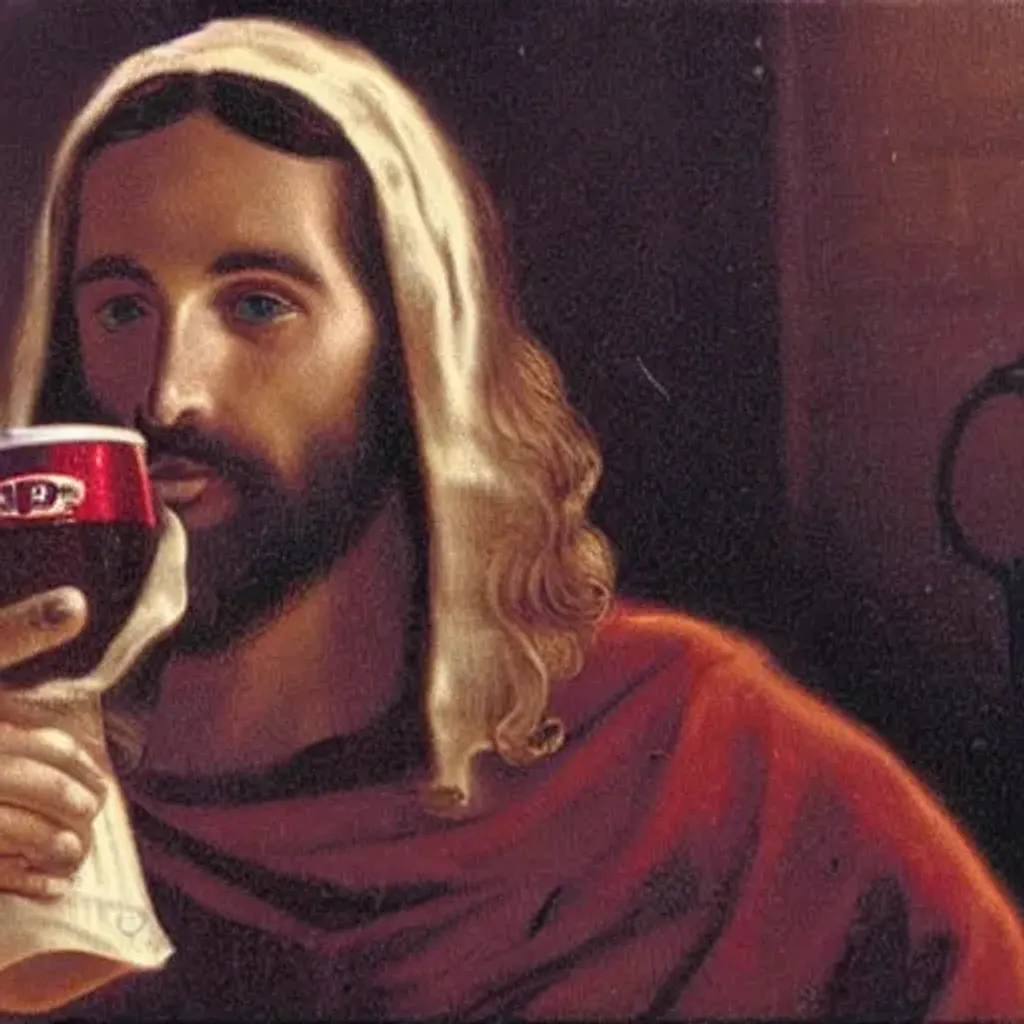 Prompt: jesus drinking dr. pepper