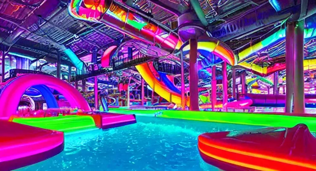 Prompt: large indoor waterpark with rainbow slides, neon lights, colorful lighting, realistic water, and palm trees, vaporwave aesthetic, ultra detailed, photorealistic, mirrored surfaces, sky lights, wave pool