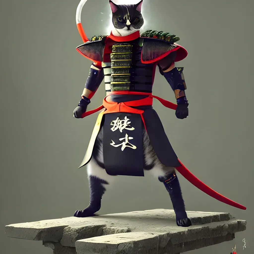 A cat in full samurai regalia stand up on his back l... | OpenArt