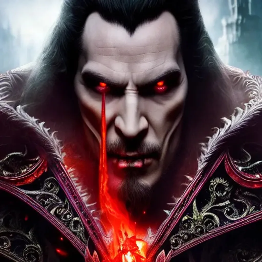Prompt: Dracula, fantasy art, illustration, dark fantasy, epic, fantasy, intricate, hyper-detailed, scary, blood dripping, bloodthirsty gore, highly detailed facial features, highly detailed body, chiseled features, artstation, concept art, smooth, sharp focus, ray tracing, vibrant, photorealistic, 