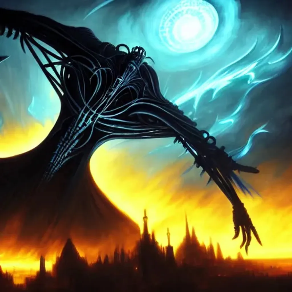 Prompt: Magic the gathering artwork of a Phyrexian mechanical lord rising above an ancient cityscape in black flames, 4k hd