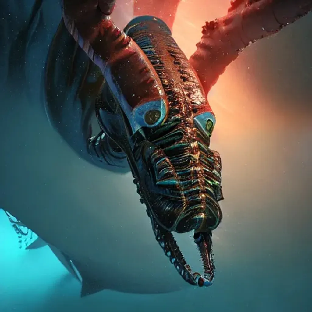 Prompt: splash art of an alien leviathan investigating a submarine underwater, hd octane render