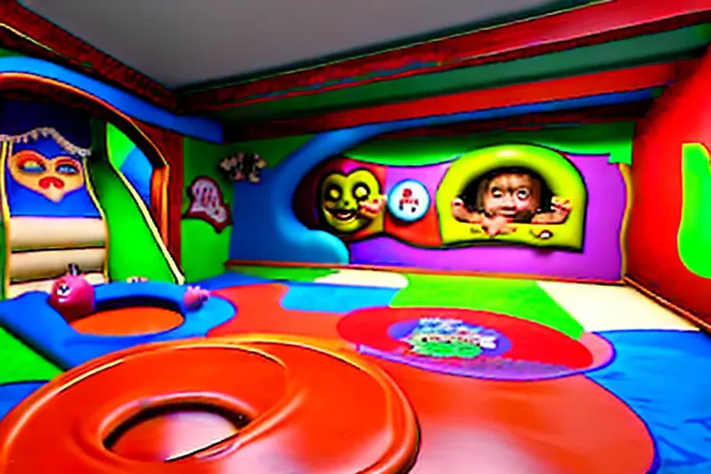 Prompt: a realistic 8K high definition paneramic of the "Nostalgic Funhouse" level in a virtual environment. The funhouse is depicted as having a colorful, cartoonish appearance, but with disturbing and nightmarish elements. The environment includes an infinite soft play area with bouncy castles and tube slides, as well as an open tunnel. The style is described as being " horrifying, hellish, colorful, liminal, unsettling,  nostalgic, nightmarish ,abnormal, abandoned, random, demonic, " with influences of abstract expressionism and parallax. The overall look is meant to be hyper realistic and captured in 8K high definition.