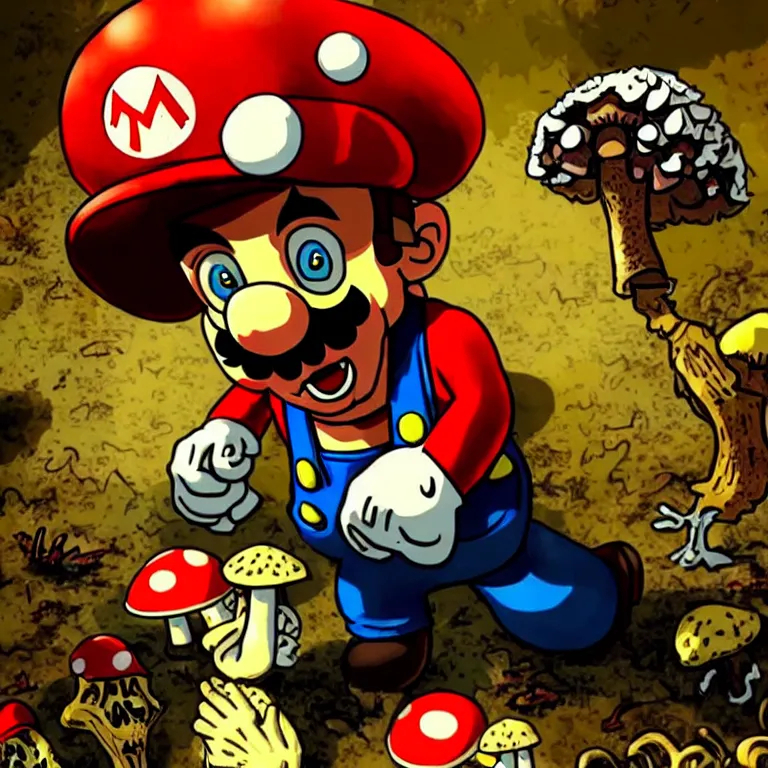 Dystopia Wasteland Zombie Mario picking wild mushrooms OpenArt