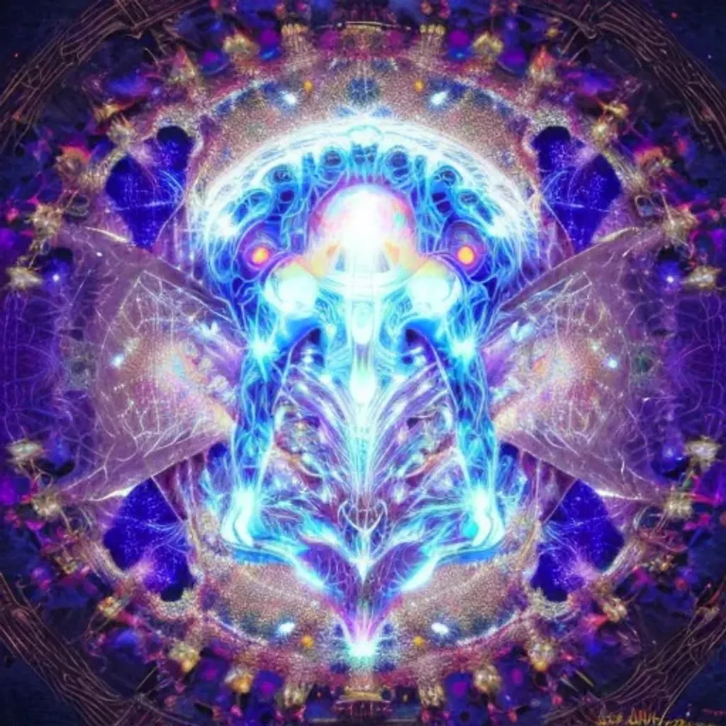 Prompt: Machine elf, DMT godly aura. Comforting presence, celestial and universal knowledge. Infinite room, Mandelbrot. 