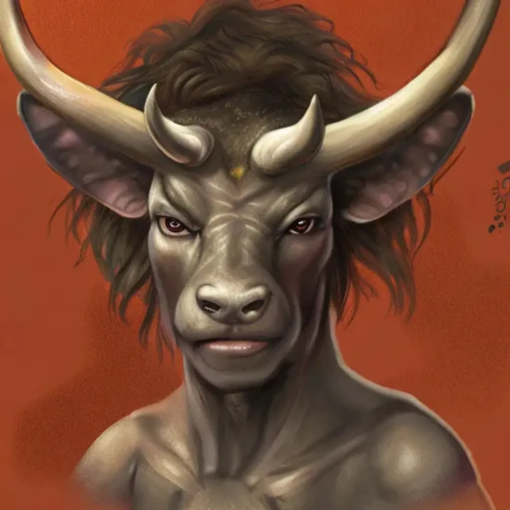 Prompt: Dnd Character , Minotaur, Digital Art, Portrait, cowprint, wizard, hide, 