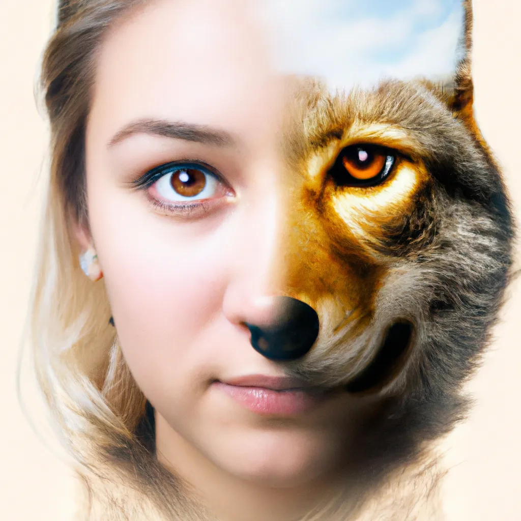 Prompt: A photo of a cute young woman's head combined with a 3D render of a hybrid coyote head. Epic film poster style.