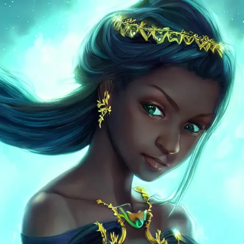 Prompt: a key final fantasy visual , A young black princess with big blue eyes and soft feminine features, beautiful, locs,  artistic, artstation, black hair, green ball gown