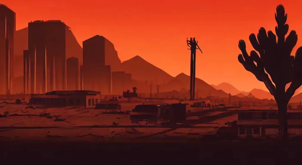 Prompt: Fallout_New_Vegas | Fallout_4 | Multiple layers of silhouette desert, with deserted abandoned destroyed apocalyptic Mall, sharp edges, at sunset, with heavy fog in air, vector style, horizon silhouette Landscape wallpaper by Alena Aenami, firewatch game style, vector style background