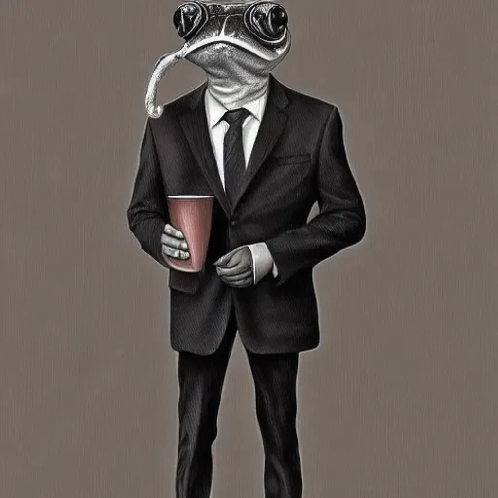 Prompt: Digital art of a Frogman wearing a tie, standing on two legs, drinking a cup of tea, Portrait, high detail, dark fantasy, soft