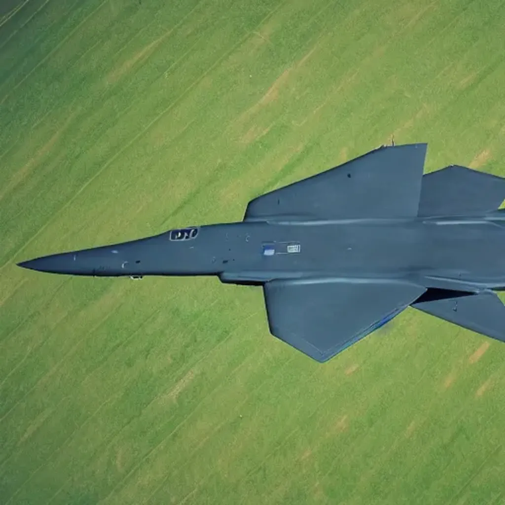 Prompt: Top view of a Futuristic b52 stealth bomber plane flying in the skies , background dark green yellow 