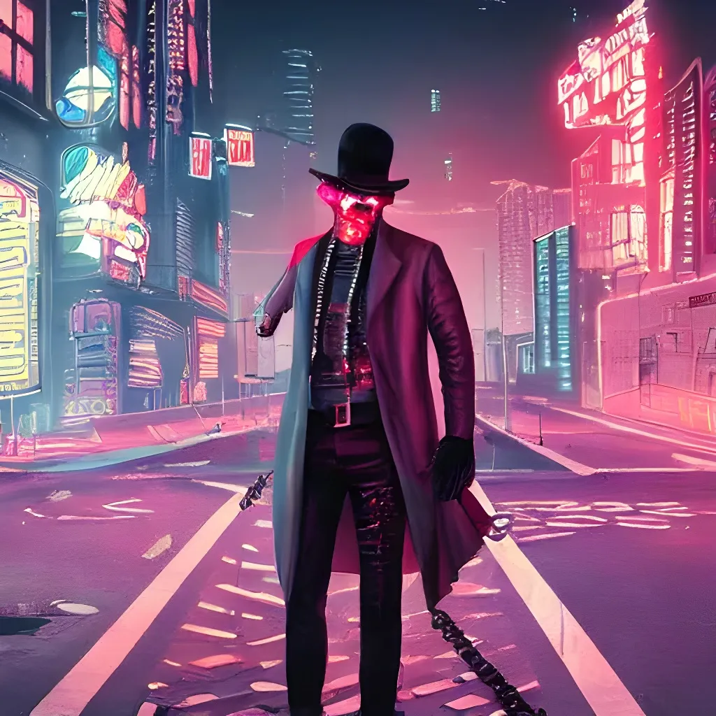 Prompt: a mid-19th century american mafia gangster with decals wearing street futuristic top fashion clothing in a cyberpunk city with neon lights and volumetric lighting by Alberto Mielgo, slow flash sync, moody, night time, artstation, cgsociety zenith view