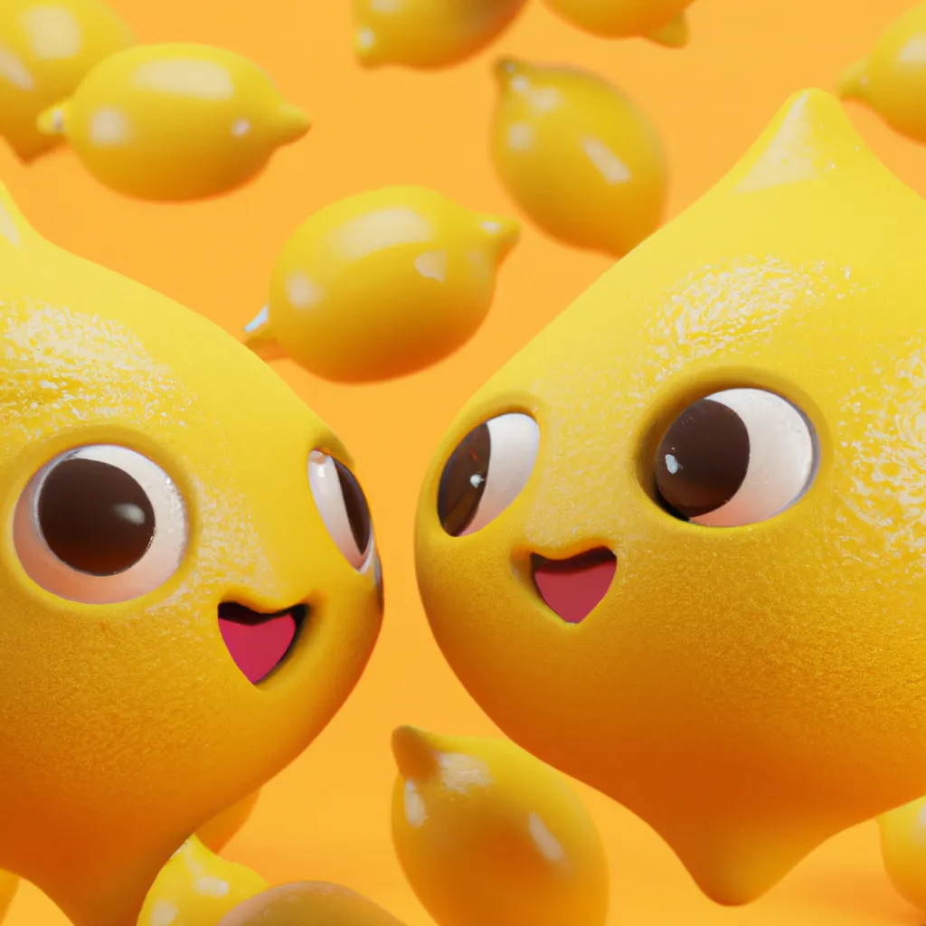 Prompt: Lemons in love, close-up, very cute, emoji, multicolored, Unreal Engine 3D render, trending on ArtStation, realistic materials