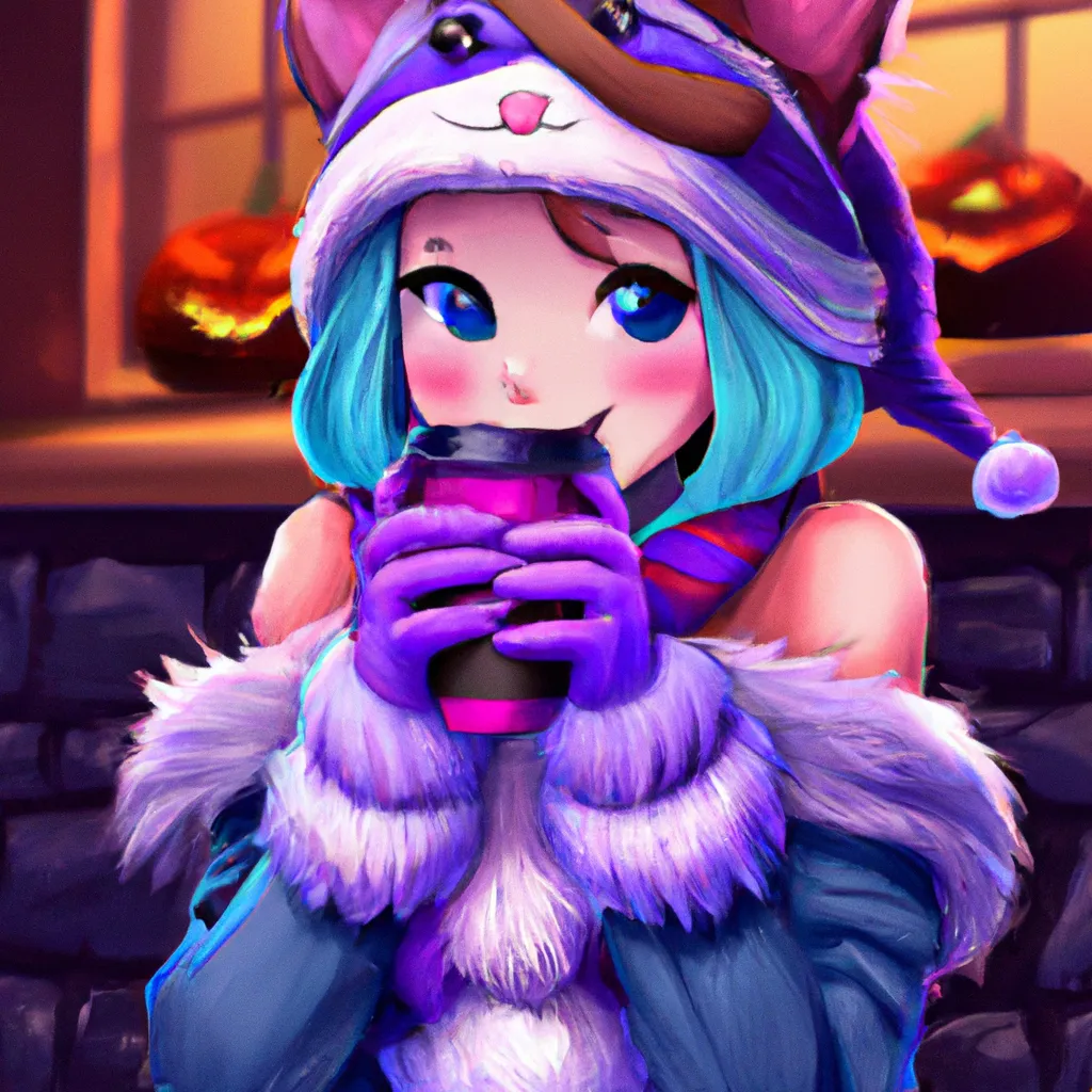 Prompt: Key Disney Visual of an enthusiastic anime cat girl wearing a cozy winter outfit, watching her pumpkin spiced latte excitedly, contrasted and bright; purple, blue, green and dark blue color palette; Digital art, trending on artstation, Photorealistic Illustration, anime key visual, cinematic, Ultra detailed