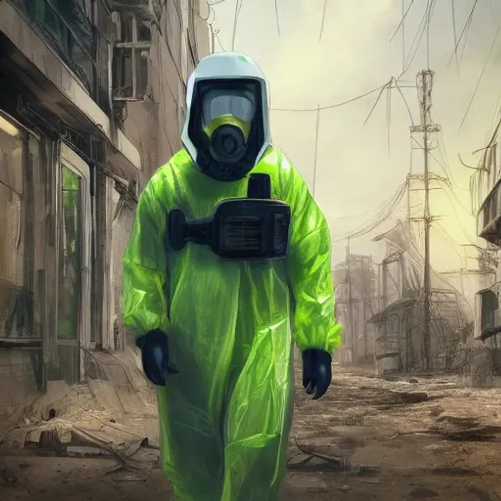 Prompt: A man wearing a futuristic hazmat suit, walking down a road of a post apocalyptic city, digital art, radioactive wasteland