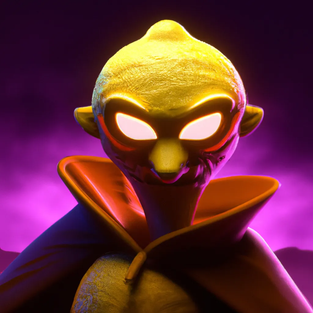 Prompt: Villain lemon with a mask and costume, 3d render, dramatic lighting, horror, creepy, purple, orange