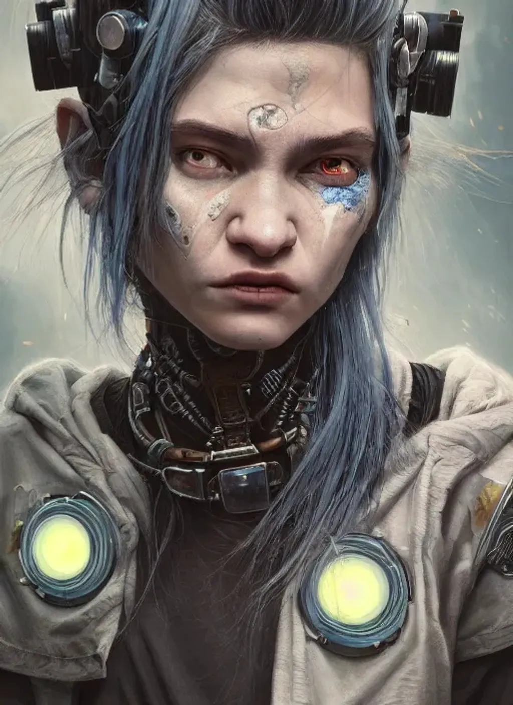 Prompt: Portrait of troll girl with gray hair and brown eyes with cute face, cyberpunk, perfect composition, hyperrealistic, super detailed, 8k, high quality, trending art, trending on artstation, sharp focus, studio photo, intricate details, highly detailed, by greg rutkowski