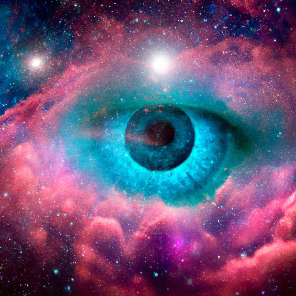 Prompt: eye made of pink and teal galaxies, stars, nebula, depth of view, in the style of futurism, futurism eye art, rich deep colors, professional composition, award-winning matte painting, 32k poster art, HSV, shot on a Nikon Z9, bokeh effect, magical lighting