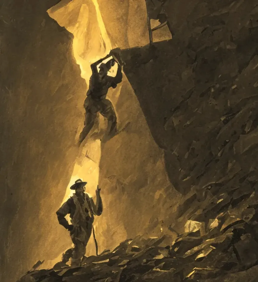 Prompt: painting by Winslow Homer a 1930's coal miner coming up out of a mine, cinematic atmosphere, dramatic lighting, dark and depressing, award-winning cgi, artstation, blender, trending 