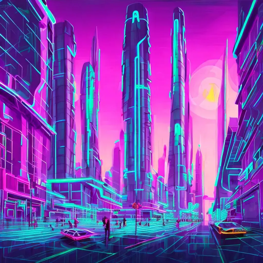 Digital illustration of a futuristic cityscape, neon...