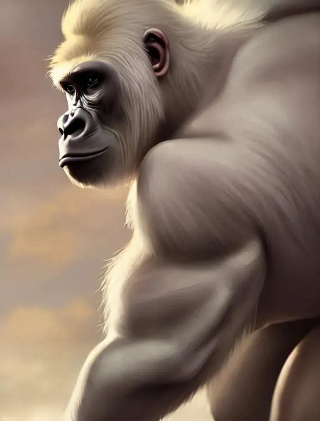 Prompt: a beautfiul aesthetic commission portrait of a anthro albino gorilla looking at the sky worried, attractive beautiful face, detailed face, expression, dramatic lighting, fantasy art, deviantart,a rtstation, character design by charles bowater, ross tran, greg rutkowski, 4k, photorealistic